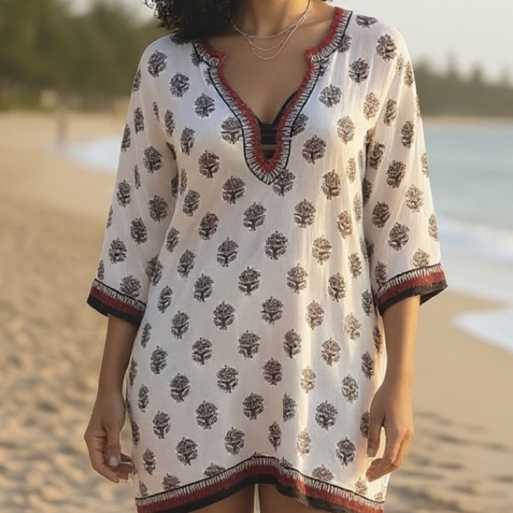 Women 3/4 Sleeve Embroidered 100% Silk Tunic Top Swim Cover-Up Size S